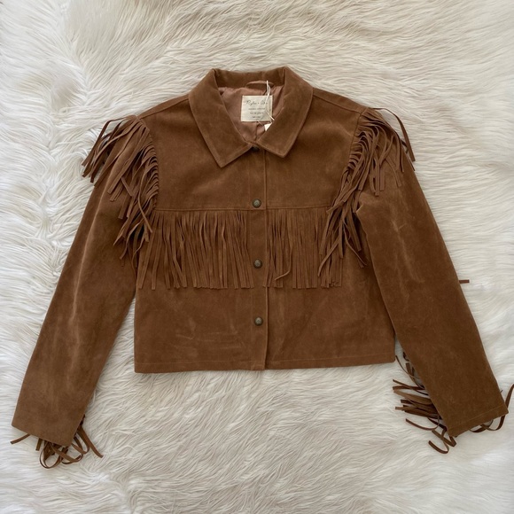 Rylee + Cru Tan Cropped Button Front Faux Suede Fringe Jacket Rust 12-14Y - Picture 2 of 9